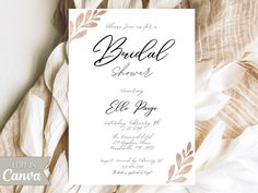 an elegant bridal shower is displayed on a white card with feathers around it and the words bridal shower written in cursive font