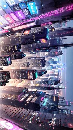 futuristic cityscape with neon lights and skyscrapers