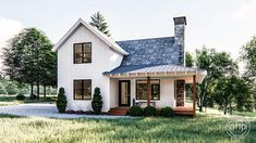 a rendering of a small white house in the middle of a field with trees and grass