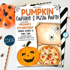 Editable Pumpkin Carving and Pizza Party Invitation, Kids Halloween, Birthday Halloween Party Invite, Pumpkin Party Idea, EDITABLE TEMPLATE Pumpkin Carving Party For Kids, Pumpkins And Pizza Party, Pumpkin Carving Birthday Party, Pizza And Pumpkin Carving Party, Fall Themed Birthday Party For Kids, Fall Festival Birthday Party, Kids Fall Party, Pumpkin Carving Party Ideas, Toddler Halloween Party