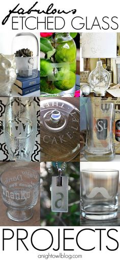 a collage of different glass items with the words etched glass on them