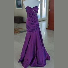 Gorgeous Mermaid Strapless Gown. Shimmery Purple Color. Never Been Worn, Only Tried On. One Seam At Side Is Slightly Separating. Butiful Rusching And Silver Sequins And Beading On One Side. Slight Train. Size 2. Silky Prom Dress, Royal Blue Halter Dress, Illusion Dress Prom, Mermaid Formal Gowns, Red Evening Gown, Two Piece Gown, One Shoulder Prom Dress, Azazie Dresses, Strapless Evening Dress