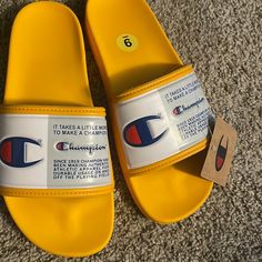 New With Tag Champion Slides. Size 9, Orange. Champion Slides, House Shoes Slippers, Fuzzy Slides, White Slippers, Champion Shoes, Black Platform Shoes, Black Slides, Mens Slides, Slides Women