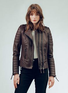 Women's Cafe Racer Leather Biker Jacket In Dark Brown Moto Racer Jacket, Classic Cafe Racer, Classic Cafe, Leather Shorts Women, Brown Cafe, Leather Jumpsuit, Racer Jacket, Shearling Vest, Studded Jacket