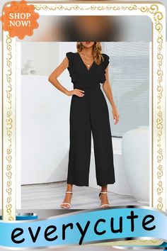 Black V Neck Ruffle Sleeveless Pleated Belt Jumpsuit Belt Jumpsuit, Color Pick, Neck Ruffle, Jumpsuit Romper, Jumpsuit, Rompers, V Neck, Black