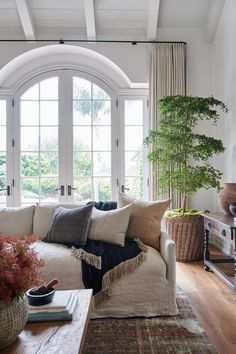 a living room filled with lots of furniture and plants on top of a wooden table