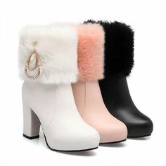 Party Boots With Faux Fur Lining, Elegant Boots With Faux Fur Lining, Shoes For Girls Stylish, Girly Shoes Boots, Block High Heels, Fur Ankle Boots, Womens Designer Boots, Luxury Shoes Women, Fashion Shoes Heels