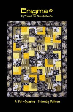 an image of a quilt with yellow and black squares on the front, and text that reads