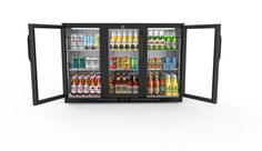 an open refrigerator with drinks and beverages inside on a white background 3d rendering stock photo