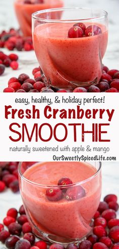 fresh cranberry smoothie with apples and mangos in glasses on a table