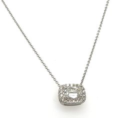 Enhance your style with Henri Daussi's designer signed solitaire pendant necklace. Adorned with a stunning 0.67ct t.w. diamond cushion brilliant cut, and set in an elegant east-west design, this necklace will add a touch of sophistication and luxury to any outfit. Elevate your look with this one-of-a-kind piece! Metal: 18K White GoldDiamond Shape: Cushion Brilliant CutDiamond Weight: Cushion Center Shape 0.55carat18 Round Brilliant Cut 0.12ct twChain Length: 16''- 18'' - Dimensions: 9mm x 7mm Es White Platinum Necklace With Single Cut Diamonds, Fine Jewelry Solitaire Necklace With Baguette Cut Diamond Accents, Luxury Solitaire Necklace With Halo Setting For Formal Occasions, White Gold Cushion Cut Diamond Necklace For Anniversary, White Diamond Necklace With Baguette Cut, Formal Diamond Pendant Necklace With Halo Setting, Cushion Cut Diamond Necklace For Formal Events, Cushion Cut Diamond Necklace For Formal Occasions, Formal Cushion Cut Diamond Necklace