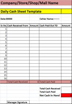 the daily cash sheet is shown in red and yellow