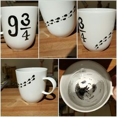 there are pictures of coffee cups with numbers painted on the mugs and in different ways