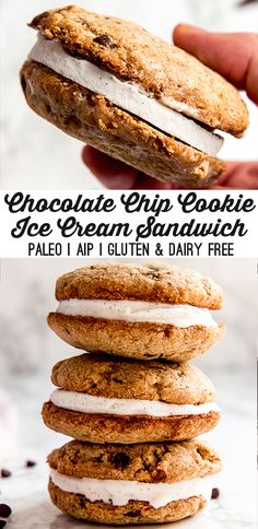 chocolate chip cookie ice cream sandwich with palen and dairy free frosting on top