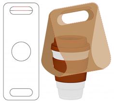 a paper bag with a plastic cup on it next to a cardboard container for coffee