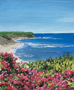 an oil painting of flowers by the ocean