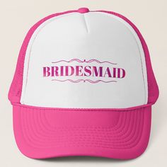 Fun pink Typography wedding trucker hat. Pink Baseball Cap Mini Hats For Party, Pink Mini Baseball Cap For Parties, Wedding Snapback Trucker Hat, Adjustable Trucker Hat For Wedding, Pink Flat Brim Mini Hat For Wedding, Pink Baseball Cap For Party, Pink Adjustable Baseball Cap For Party, Pink Trucker Hat With Short Brim, Pink Adjustable Trucker Hat With Flat Brim