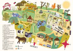 an illustrated map with animals and buildings on it's sides, including the town