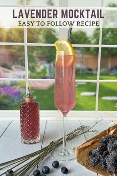 Photo of jar of lavender simple syrup next to a glass of lavender elderflower mocktail in a champagne flute Lavender Simple Syrup, Tonic Water, Mocktail Recipe, Easy Cocktails, How To Squeeze Lemons, Floral Notes, Simple Syrup, Mocktails, Alcohol Free