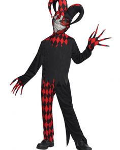 a person in a costume with red and black checkerboard on the face, arms and legs