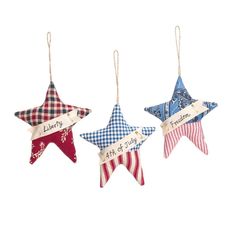 three red, white and blue stars hanging from strings