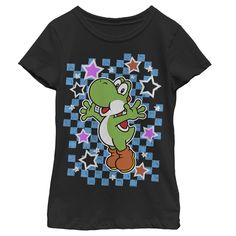 The star of Yoshi's Story and Yoshi's Island makes a headlining appearance on the Nintendo Yoshi Stars Black T-Shirt! This cute black Nintendo tee features Yoshi smiling atop a blue checkerboard backdrop with stars all around. Scene Shirts, Boyfriend Food, Super Mario Shirt, Mario Shirt, Shirt Diy, Scene Kids, Food Coupon