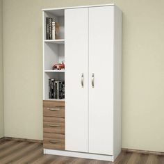 a white and brown bookcase with drawers in an empty room next to a wall