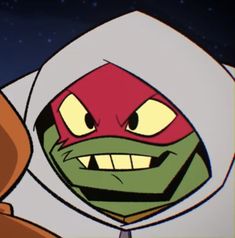 the teenaged ninja turtle is wearing a red and white hoodie with his eyes wide open