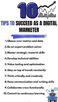 the top ten tips to successful as a digital marketer info graphic on white background