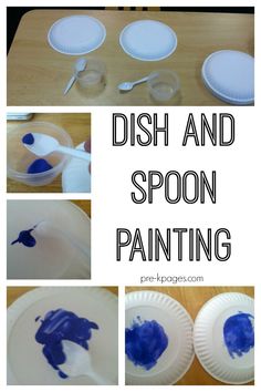 the process of painting dishes and spoons with blue paint on them, including paper plates