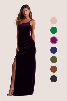 a woman in a purple dress with different colors