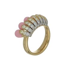 Ref. FF176RG42 Allegra ring, Yellow Gold, White and Champagne Diamonds and Pink Enamel. The Allegra Small Pink Enamel Ring is handcrafted with 18Kyellow gold and adorned with a combination of white and champagne diamonds, elegantly elevated with intricate hand-painted pink enamel adding a touch of femininity to the bold design, making it the perfect accessory for any occasion. Gold: g 11.25 | White Dia: ct 0.26 | Champagne Dia: ct 0.67All weights are approximate. Slight variations may occur due Luxury 14k Pink Gold Ring, Designer Round Pink Jewelry, Designer Pink Round Jewelry, Gold Luxury Enamel Cabochon Ring, Gold Luxury Enamel Ring With Cabochon, Designer Yellow Gold Cabochon Jewelry, Fine Jewelry Pink Rings With Polished Finish, Pink Enamel Ring Fine Jewelry, Pink Rings With Polished Finish Fine Jewelry