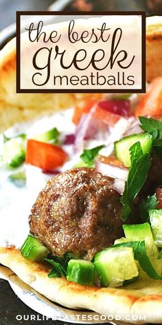 the best greek meatballs with cucumber, tomato and lettuce on pita bread