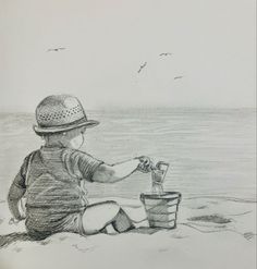 a drawing of a boy sitting on the beach with a bucket and a drink in his hand