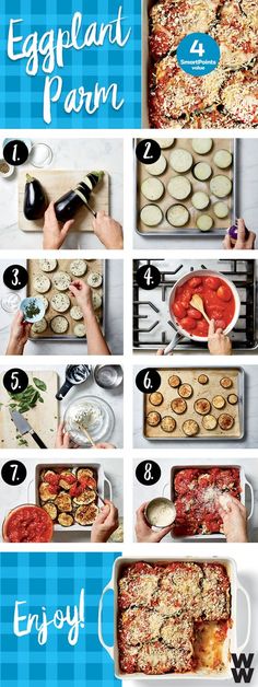 the steps to make eggplant parm casserole are shown in this image