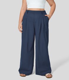 Women's High Waisted Plicated Side Pocket Wide Leg Flowy Casual Linen-Feel Plus Size Pants. Machine wash cold. Do not dry clean. Do not iron. Do not bleach. Wash with like colors. Turn garment inside out. Wide leg trousers. 20.00%. woven. None. High Waist. No intensity. Waistband. Work. Flat Waist. REGULAR. Large. Relax. Length Contact Floor. Fall. Loose. 80.00%. Plain. non-projectile. Baggy Style, Bleach Wash, Plus Size Pants, Cotton Pants, Ladies Boutique, Side Pocket, Wide Leg Trousers, Pant Jumpsuit, Inside Out