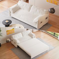 two pictures of a white couch and coffee table