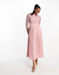 Dresses by Little Mistress Do get caught wearing it twice High neck Crochet-lace sleeves Pleated skirt Button-keyhole back Regular fit Pink A Line Dress, Church Clothes, Midaxi Dress, Summer Weddings, Church Outfits, Modest Wedding Dresses, Pink Outfit, Modest Dresses, Lace Sleeves