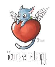 a blue cat holding a red heart with the words you make me happy