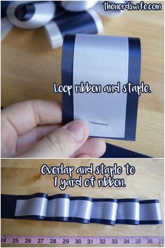 the instructions for how to make an origami style ribbon with scissors and tape