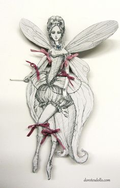 a drawing of a fairy sitting on top of a piece of paper with red ribbon