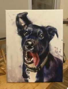 a painting of a black dog with its mouth open and tongue out on a wooden table