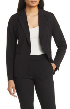 Princess seams and a solitary button keep this jacket looking polished and professional for your 9-to-5 agenda. 24 1/2" length One-button closure One-button cuffs Front welt pockets Lined 63% polyester, 33% viscose, 4% elastane Dry clean Point of View Tailored Button-up Blazer For Career, Elegant Office Sport Coat With Button Cuffs, Black Flat Front Blazer For Work, Sleek Blazer With Button Closure For Business Casual, Office Wear Blazer With Button Closure And Flat Front, Sleek Office Suits With Button Closure, Black Career Blazer With Welt Pockets, Elegant Sport Coat With Button Cuffs For Business Casual, Elegant Business Casual Sport Coat With Button Cuffs