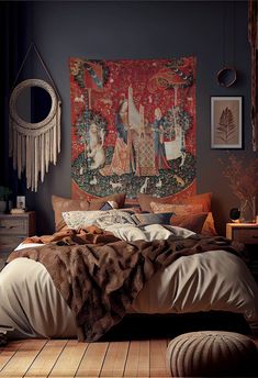 a large tapestry hanging above a bed in a bedroom