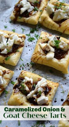 caramelized onion and goat cheese tarts on a sheet of parchment paper with text overlay