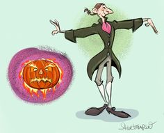 a drawing of a man with his arms out in front of a pumpkin