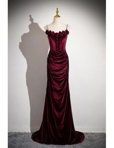 10% off now! Shop elegant handmade flower velvet slimming burgundy prom dress with beading straps online. Sheprom offers formal, party, casual & more style dresses to fit your special occasions. Burgundy Elegant Dress, Deep Red Prom Dress, 1920s Prom Dress, Velvet Moodboard, Long Hoco Dresses, Military Ball Dress, Burgundy Prom, Dark Red Dresses, Velvet Prom Dress