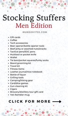 a christmas card with the words stocking stuffers men edition written in red and white