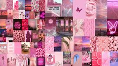 a collage of pink and white images