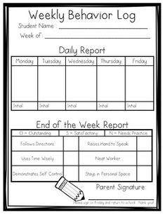 the weekly behavior log is shown in black and white, with pencils on it